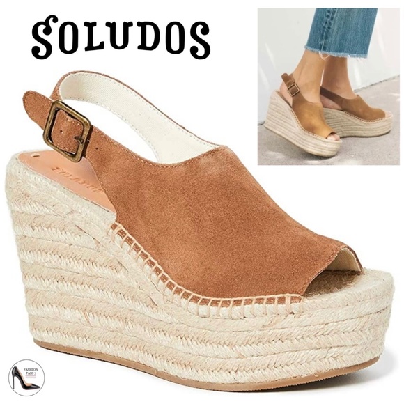 Soludos Sevilla Walnut Tan Suede Espadrille Platform Wedge Slingback Sandals 9 - Picture 1 of 13